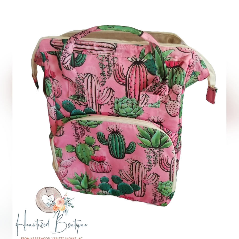 Diaper bag backpack pink catcus thermal bottle storage zipper pockets new